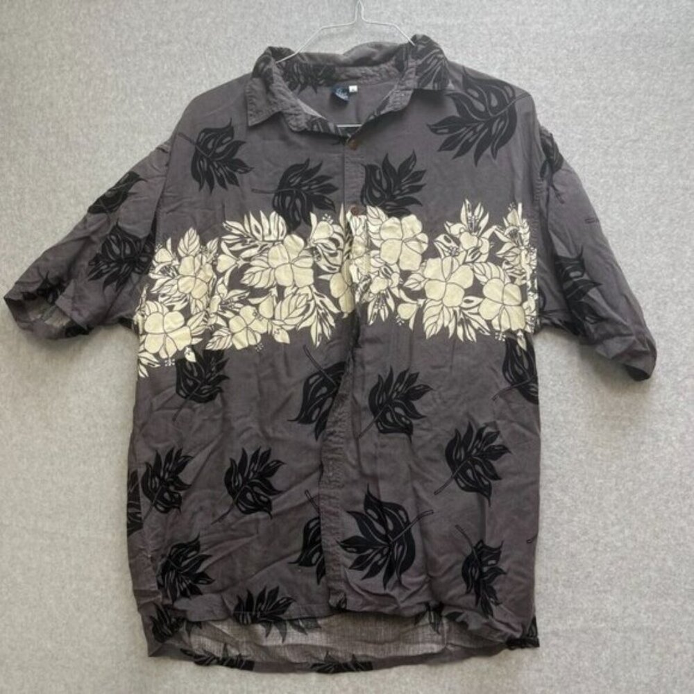 Hibiscus Hawaii Collection Button Down Shirt Mens Hawaiian Shirt Gray White XL